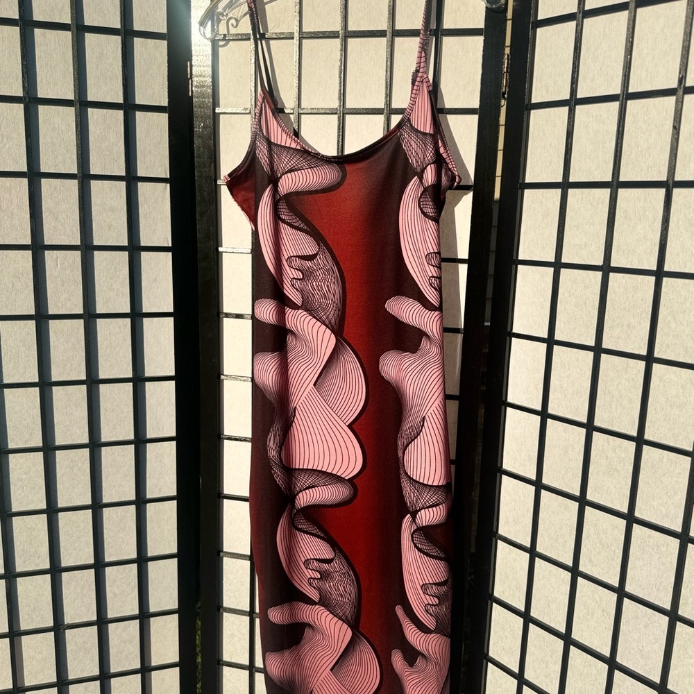 Red and Pink Abstract Slip Dress